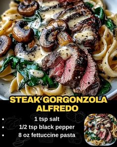 Steak Gorgonzola Alfredo Steak Gorgonzola Alfredo Olive Gardens, Steak Mushroom Pasta Recipes, Steak Italian Recipes, Steak Tortellini Alfredo, Creamy Steak And Gnocchi, Savory Steak Gorgonzola Alfredo, Gorgonzola Steak Pasta, Steak Mushroom Pasta, Pasta Dishes With Steak