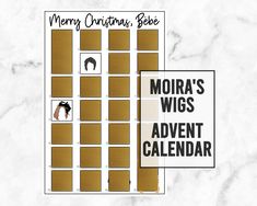 the merry christmas bee's moiras wigs calendar is shown on a marble background