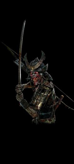 a demonic looking samurai holding two swords