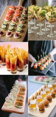 several different shots of food and drinks on a wooden tray, including appetizers