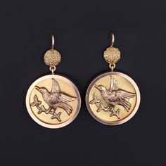 Swallows were a common motif in Victorian and Edwardian jewelry symbolic of faithful love and a safe return home. These earrings were converted from antique cufflinks (circa 1880-1900). The earrings feature finely rendered birds of 14k gold. Each earring measures 1.6 inches from the top of the ear wire to bottom by 0.95 inches wide and are in excellent condition. We have many other fantastic offerings of period fine and costume jewelry posted on our Etsy store, so please consider browsing our ot Victorian 14k Gold Earrings, Victorian Engraved Earrings For Formal Occasions, Antique Gold Engraved Earrings, Victorian Engraved Yellow Gold Earrings, Victorian Gold Earrings With Antique Finish, Victorian Style Engraved Yellow Gold Earrings, Antique Gold Victorian Earrings For Formal Occasions, Antique Gold Victorian Earrings For Formal Events, Victorian Antique Gold Earrings For Formal Occasions