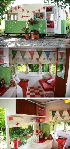 the interior and exterior of a camper with red, white and green decorations on it