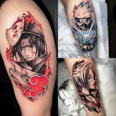 some tattoos that are on the legs of someone's leg and one has an anime character