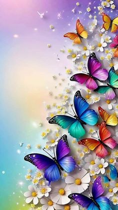 colorful butterflies are flying over white daisies on a blue, purple and yellow background