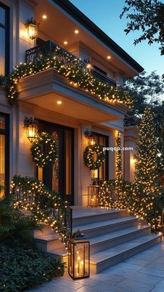 a house with christmas lights and wreaths on the front door, stairs leading up to it