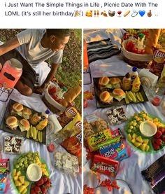 two pictures of food and drinks on a table with the caption'i just want the simple things in life, picnic with the lol it's still her birthday