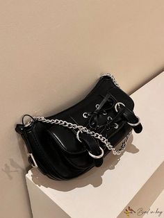 Bird in Bag - Punk-Inspired Heavy Metal Style PU Leather Strap Chain Decorative Shoulder Bag Music Festival Theme Gathering Bag Black Grunge Shoulder Bag For Concerts, Gothic Party Bag With Zipper Closure, Gothic Bags With Zipper Closure For Concerts, Gothic Shoulder Bag With Zipper For Concert, Alternative Black Shoulder Bag For Concerts, Black Emo Bag For Concerts, Black Gothic Shoulder Bag For Concert, Black Alternative Style Shoulder Bag For Concert, Black Emo Style Bag