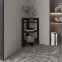 a corner shelf in the corner of a room with a vase and books on it