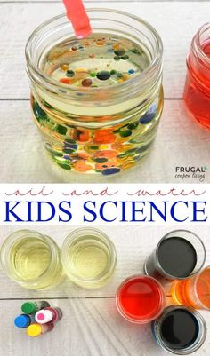 the science experiment is in a jar with colorful liquid inside and on top of it