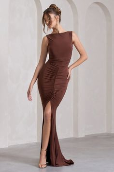 My Presence | Chocolate Brown Low-Back Fishtail Split Maxi Dress Midi Bridesmaid Dress, Black Dress Prom, Fishtail Skirt, Black Tie Gala, Chocolate Drizzle, Skirt Maxi, Split Maxi Dress, Centre Stage, Guest Dress