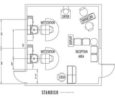 the floor plan for an office with two desks and one sitting area, including a kitchen