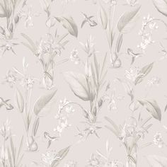 a floral wallpaper with white flowers and green leaves on a light gray background,