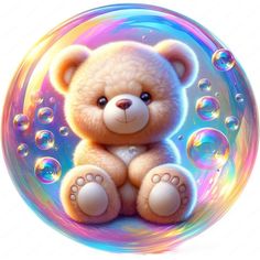 a brown teddy bear sitting on top of a bubble filled ball with bubbles around it