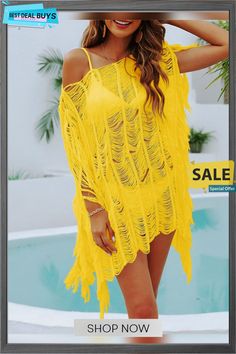 Women's Cover Up Beach Dress Beach Wear Mini Dress Tassel Fringe Hole Cute Casual Plain Crewneck Short Sleeve Loose Fit Outdoor Daily Black White Spring Summer One Size Summer Party Swimwear With Fringe, Party Swimwear With Tassels For Beach Season, Summer Beach Dress With Tassels For Beach Party, Fringed Beach Dress For Beach Season, Yellow Tassel Beach Dress, Party Beach Dress With Fringe, Sleeveless Beach Cover-up With Tassels, Sleeveless Tasseled Swimwear For The Beach, Sleeveless Tassel Beach Cover-up