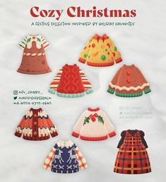 an advertisement for cozy christmas sweaters in various colors and patterns, with the words cozy christmas