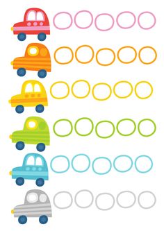 a set of different colored cars on a white background with circles around the car,