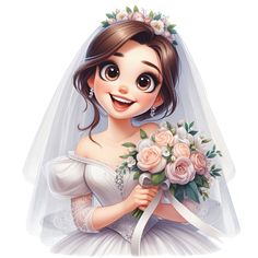 a cartoon girl in a wedding dress holding a bridal bouquet and smiling at the camera