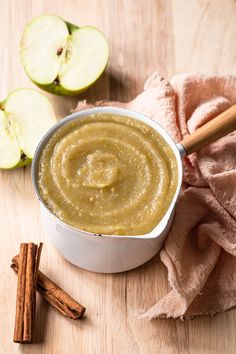 A small white saucepan filled with homemade applesauce, two cinnamon sticks off to the side and two apple halves in the background. Apple Sauce Recipes, Homemade Applesauce, Unsweetened Applesauce, Relish, Savoury Dishes, Family Dinner, Oats, Condiments, Sauce