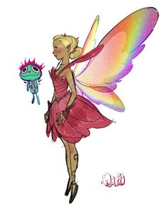 a drawing of a fairy holding a flower and a rainbow colored balloon in her hand