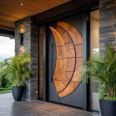 a modern door with two large planters next to it and an artistic design on the side