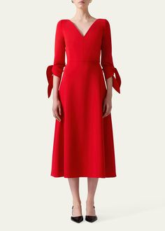 Red Aline Dress, Carolina Herrera Dress, Carolina Herrera Dresses, Aline Dress, V Neck Midi Dress, Tie Sleeve, Midi Dress With Sleeves, Carolina Herrera, Bergdorf Goodman