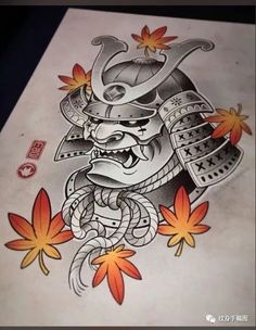 a drawing of a japanese warrior with autumn leaves