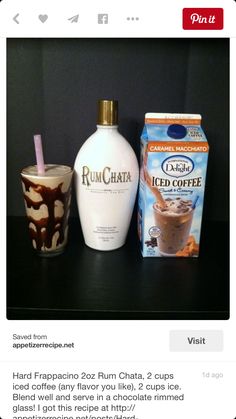 a bottle of rumchata next to an iced coffee and a carton of ice cream