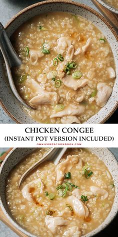 two bowls filled with chicken congeee and instant pot version included in the same bowl