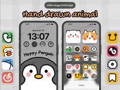 an iphone screen with the text happy penguin on it and several icons in different colors