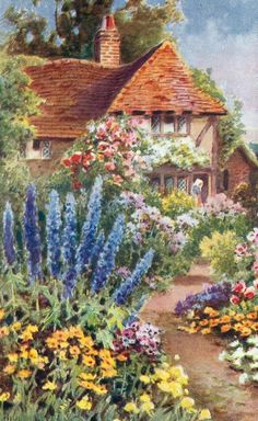 a painting of a house surrounded by flowers