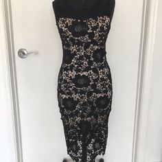 Sexy Black Lace Dress Never Worn! Perfect For A Night Out Or A Fancy Dinner. Bodycon Lace Dress For Night Out, Night Out Bodycon Lace Dress, Knee-length Lace Bodycon Dress For Date Night, Sheer Lace Bodycon Dress For Parties, Summer Bodycon Lace Dress For Night Out, Sleeveless Lace Bodycon Dress For Night Out, Party Lace Midi Dress With Stretch, Party Lace Stretch Midi Dress, Lace Bodycon Dress For Night Out, Midi Length