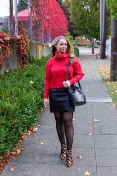 Avec Amber styling leopard booties, faux leather, and red in a fall outfit. Full post: https://avecamber.blogspot.com/2024/10/fall-style-leopard-booties-red-cropped.html Leopard Print Pumps, Sheer Tights, Faux Leather Skirt, Knee Dress, Office Style, Fall Style, Fall Sweaters, Fall Looks