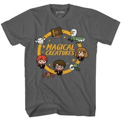 a gray t - shirt with the words,'magic creatures'in front of it