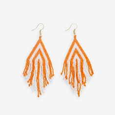 Haley Game Day Stacked Triangle Beaded Fringe Earrings Orange and White Orange Beaded Dangling Earrings For Summer, Summer Orange Beaded Dangling Earrings, Orange Beaded Dangling Earrings For Beach, Sequin Bracelet, Sequin Accessories, Bohemian Twist, Beaded Hat Bands, Petite Earrings, Coral Blush