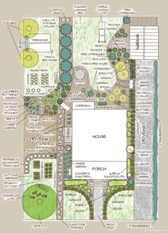 a plan for a garden with lots of trees and plants in it, including an area that