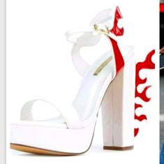 These Stylish Fashion Statement Heels Are A Stylish Must Have Heels. White Heels With Red Sole For Spring, White Open Toe Sandals With Red Sole, White Heels With Red Sole And Ankle Strap, White Ankle Strap Heels With Red Sole, Must Have Heels, Statement Heels, Stylish Fashion, Lady In Red, Fashion Statement