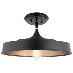 a black ceiling light with an orange light bulb on the bottom and one light in the middle