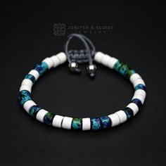 "top jewelry gifts for men and women, gifts for boyfriend, unique gifts ideasHandmade bracelet made with 6mm white, blue and green ceramic Mykonos beads. It's adjustable, utilizing a sliding knot made with macrame cord and is easy to put on and take off by yourself. Ceramic beads are handmade and have unique splatter paint art with vibrant colors. Please choose one of the 2 size options (For Men or Women) from dropdown menu. Men`s Size : 7\"- 8.5\" (18 cm -21 cm) Women`s Size: 6\"-7.5\" (16 cm - Boyfriend Unique Gifts, Gifts For Boyfriend Unique, Bead Bra, Ceramic Beads Bracelet, Mens Bracelet Designs, Cool Rings For Men, Gifts For Men And Women, Splatter Paint, Artisan Bracelets