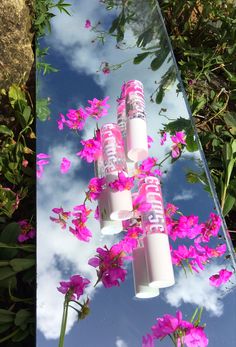 pink flowers are floating in the air on a mirrored surface with tubes attached to them