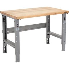 a workbench with a wooden top and metal legs