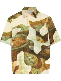 green camouflage print classic collar chest patch pocket short sleeves front button fastening straight hem Flower Print Shirt, Camouflage Print, Green Landscape, Our Legacy, Shirt Button, Printed Linen, Camo Print, Print Shirt, Shorts With Pockets