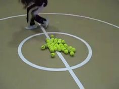 tennis balls are scattered on the court as a person prepares to throw them into the basket