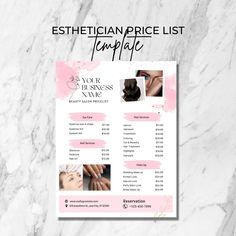 a price list for nail salons with pink and white marble background