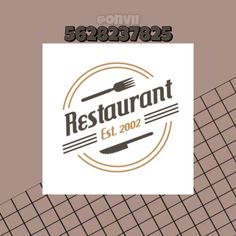 the restaurant logo is displayed on a white sign with brown squares and lines behind it