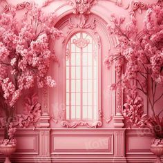 a room with pink walls and flowers in vases on either side of the window