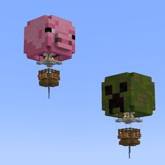 two minecraft heads flying in the sky with one looking like a pig and another looking like a cow