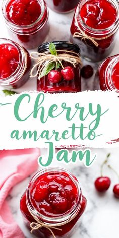 cherry amarettia jam in jars with the title above it