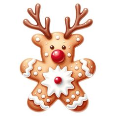 a close up of a gingerbread christmas cookie with icing and reindeer's nose