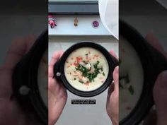 two images show the same person holding a bowl of soup in their hands, while another shows what they are eating