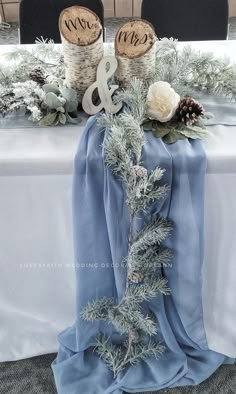 Head table décor.  Winter theme Woodsy Wedding Decor, Ice Blue Weddings, Silver Winter Wedding, Blue Wedding Decorations, Winter Wedding Centerpieces, Snowy Wedding, Rustic Winter Wedding